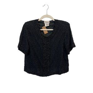 Vintage Stenay Petite Beaded Crop Top Medium Short Sleeve Embellished Retro NEW